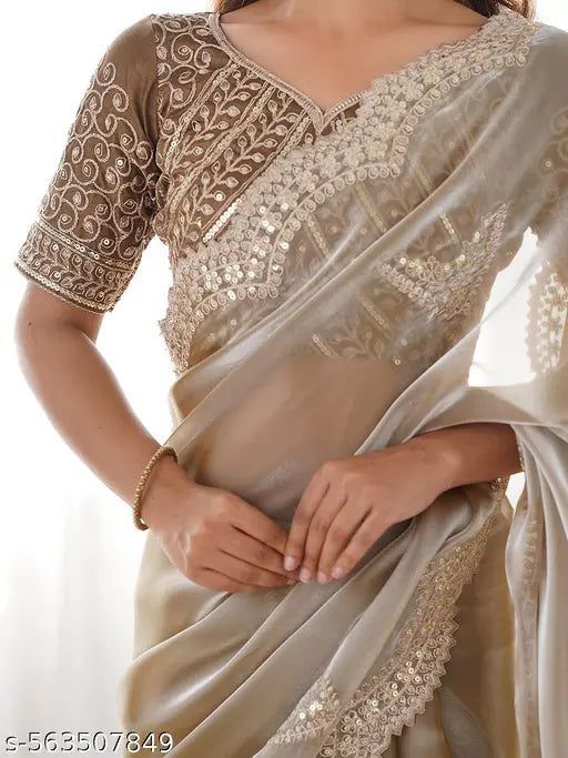 SATRANI Tissue Silk Beige Saree with Silk Blend Blouse