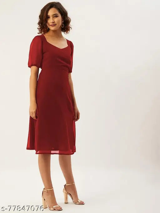 Solid Maroon Dress with front Slit,Sweetheart Neck,Side Zipper,Back button opening,puff Sleeves,below knee length
