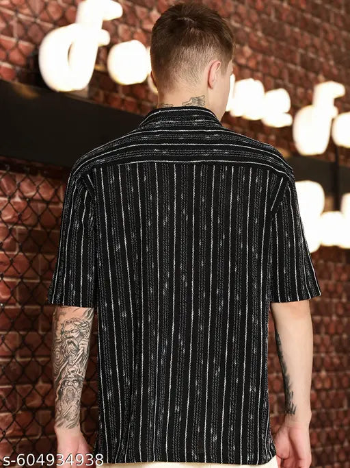 Maniac Mens Textured Lines Collared Neck Full Sleeve Black & White Cotton Shirt