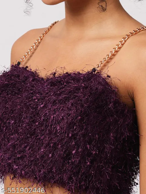 Globus Women Burgundy Neck Chain Strap Shoulder Faux Fur Crop Top With Mini Skirt Party Co-Ord Set