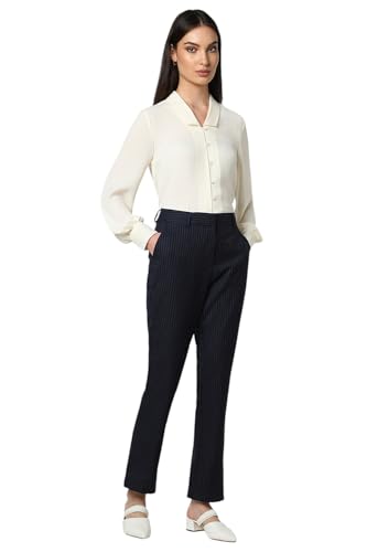 Van Heusen Women Navy Stripe Formal Regular Fit Trousers