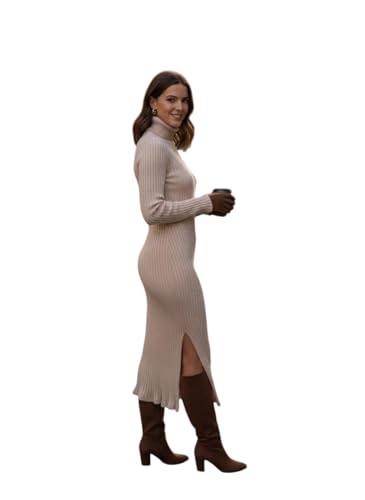 PatolaSwag Women’s Warm Winter High Neck Long Dress – Chic Ribbed Bodycon Fit, Office Wear, Casual Outings & Travel (in, Alpha, S, Regular, Standard, Beige)