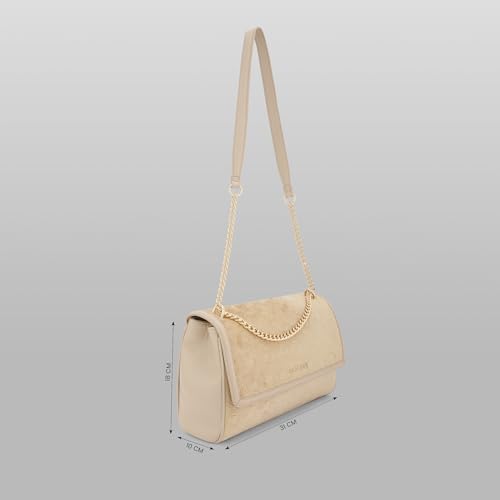 Caprese Katherine Large Monogram Velvet Sling Bag for Women | Premium Multi-Compartment Shoulder Handbag with Adjustable Strap & Zipper Closure | Perfect for Party & Travel (Alpine Oat)