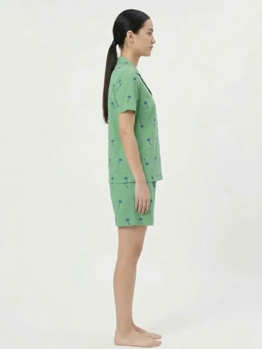 Freesia Array Women's Cotton Collared Short Sleeve Shirt and Shorts Set, Green with Palm Tree Print (XL)