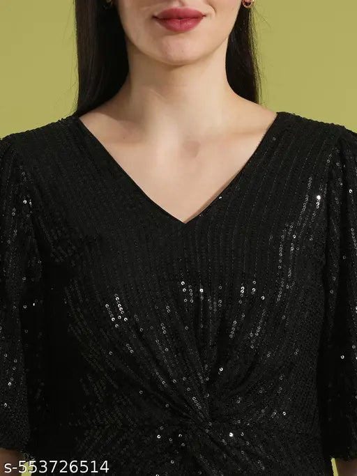 Globus Women Black Puff Sleeves V-Neck Twisted Detail Bodycon Sequinned Mini Party Dress