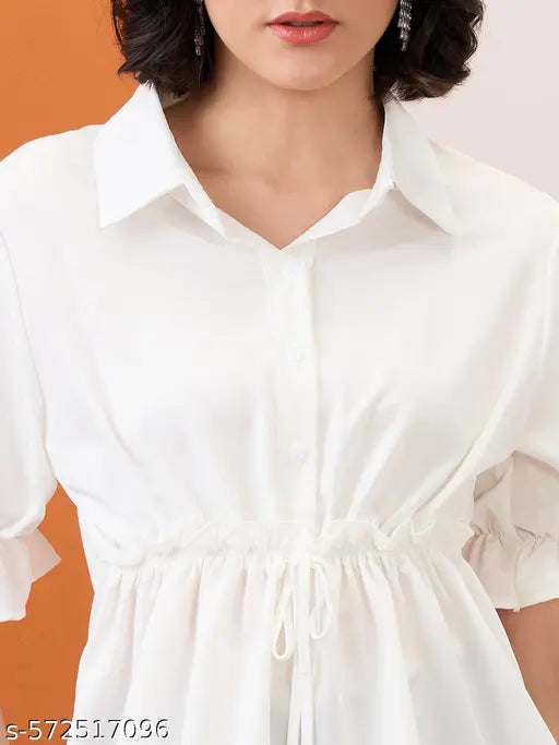 Globus Women White Shirt Collar Puff Sleeves Solid Waist Tie-Up Workwear Peplum Top