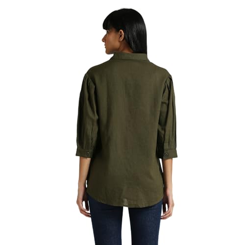 Pepe Jeans Women's Solid Relaxed Fit Shirt (PL304917_Olive Green