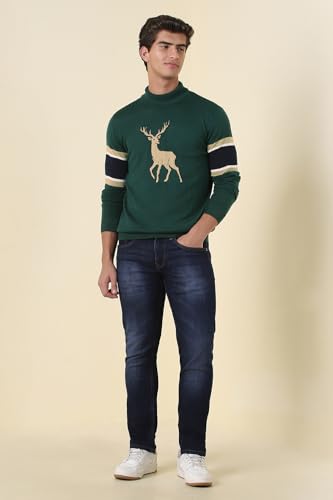Men Green Print Turtle Neck Full Sleeves Sweater