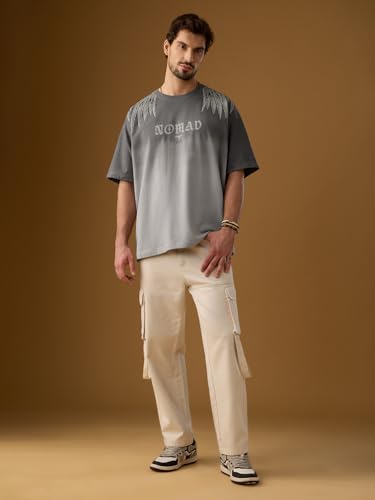 The Souled Store Nomad: Wings Men and Boys Short Sleeves Round Neck Charcoal Grey Graphic Printed Gothic Casual Drop Shoulder Streetwear Trendy Cotton Oversized T-Shirt