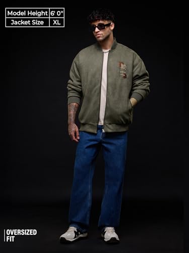 The Souled Store Dragon Men and Boys Full Sleeves Mock Collar Olive Green Embroidered Polyester Oversized Fit Lightweight Winter Streetwear Bomber Jacket