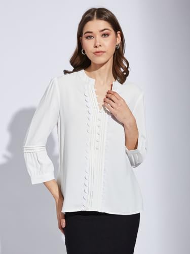 Latin Quarters Women White V-Neck 3/4th Sleeve Solid Tunic Blouse_S