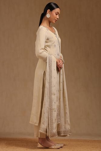 Soch Womens Off White Tissue Embroidered Suit Set With With Beads and Stones