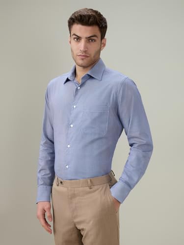 Raymond Men Slim Fit Structure Pattern Pure Cotton Cut Away Collar Full Sleeve Formal Shirt Blue