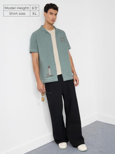 The Souled Store Hawaiian Shirt: Sail Away Men and Boys Short Sleeves Collared Neck Button Front Embroidered Regular Fit Lightweight All-Season Cotton Casual Holiday Shirts