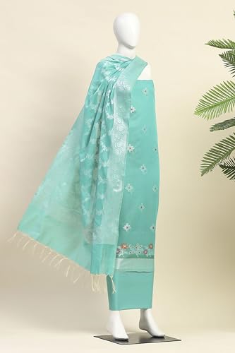 BIBA Women Rama Green Cotton Unstitched Suit Set_FREE SIZE