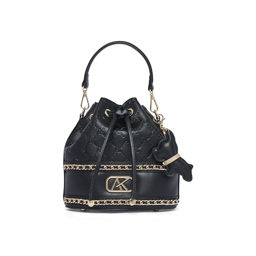 Akiki London Women's Hanwell 21 Small Bucket Bag|comes with a Dog Charm|Metal Finish|Stylish Ladies Purse|Party Handbag for Women