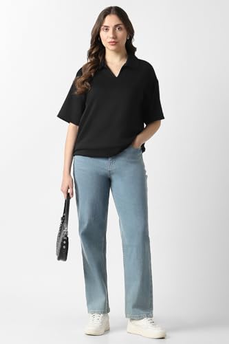 Women Black Solid Formal Stylized Neck Top
