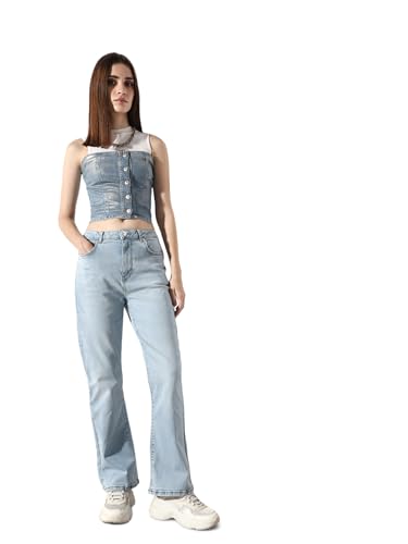 ONLY Women's Solid Straight Fit High-Rise Blue Jeans