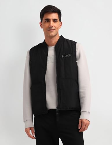 U.S. Polo Assn. Denim Co. Men's Black Solid Collar Neck Sleeveless Casual Polyester Regular Fit Jacket (UDJCK1387_Black_S)