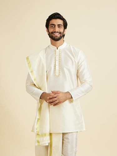Manyavar Men's Art Silk Neckline Emboridery Kurta Pancha Dupatta Set(White,XXXL)