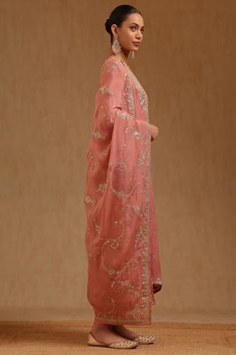 Soch Womens Peach Tissue Embroidered Suit Set With Zari