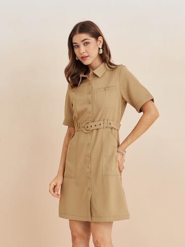 Latin Quarters Women's Beige Collar Neck Half Sleeves Solid Casual Shirt Dress_S