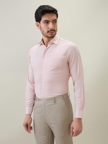 Raymond Men Contemporary Fit Structure Pattern Bamboo Polyester Blend Semi Cutaway Collar Full Sleeve Formal Shirt Orange