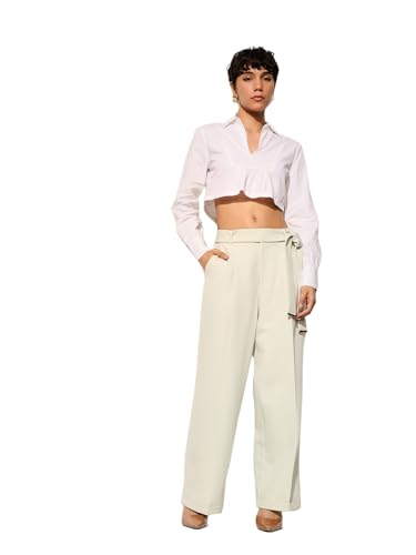 ONLY Women Loose Fit High-Rise Green Pants with Belt