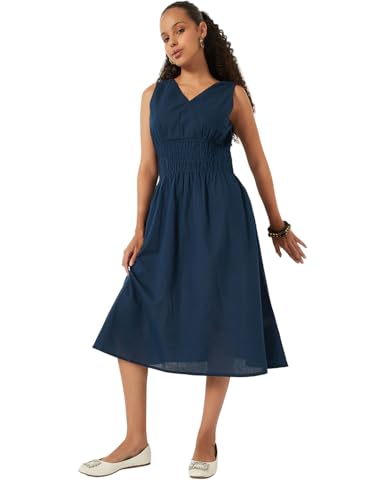 Max Women Solid A-line Dress (Blue_L)