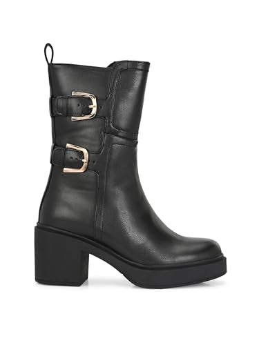 Delize Black Women calf high platform boots-66292-41
