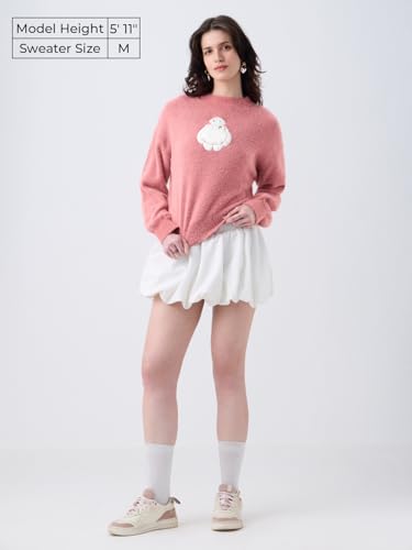 The Souled Store Disney: Fuzzy Baymax Women and Girls Full Sleeves Round Neck Light Pink Graphic Printed Acrylic Nylon Oversized Fit Fuzzy Casual Winter Pullover Sweater