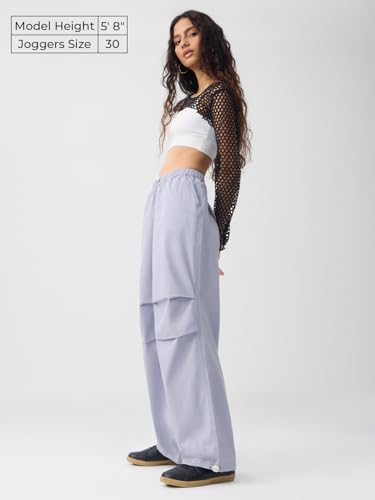 The Souled Store Parachute Pants: Light Purple Women and Girls Drawstring Waist Solid Cotton Relaxed Fit Adjustable Toggle Hems Lightweight All-Season Joggers