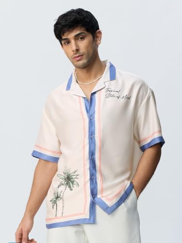 The Souled Store Hawaiian Shirt: State of Mind Men and Boys Short Sleeves Collared Neck Printed Polyester Lightweight Wrinkle-Resistant Oversized Holiday Shirt