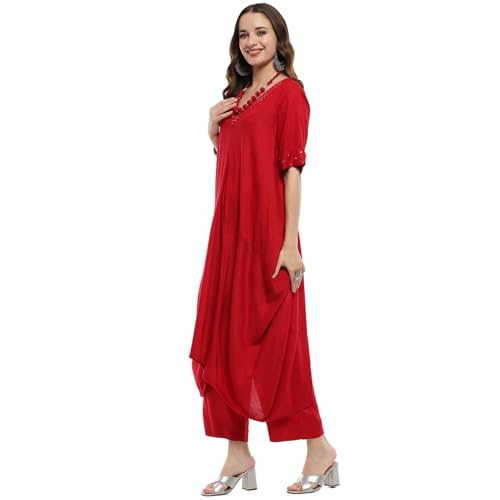 BIBA Women's Burgundy Rayon Asymmetric Suit Set (SKDNORNI9869AW24BUR_Maroon