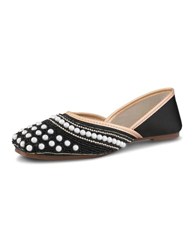 XE Looks Women’s Pearl Embellished Ethnic Juttis with Beaded Detailing | Soft Cushioned Insole | Lightweight Slip-On Traditional Flats for Girls & Women Black