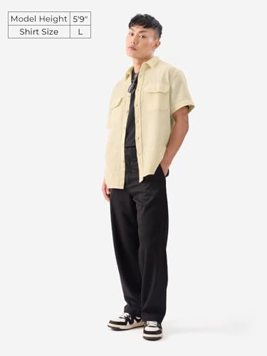 The Souled Store Eggshell White Men and Boys Short Sleeves Collared Neck Button Front Regular Fit Cotton Textured Shirts