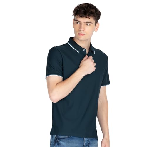 Status Quo Mens Solid Polo Collar T-Shirt | Polo Collar | Nylon Blend | Regular Fit | Navy | XL Size