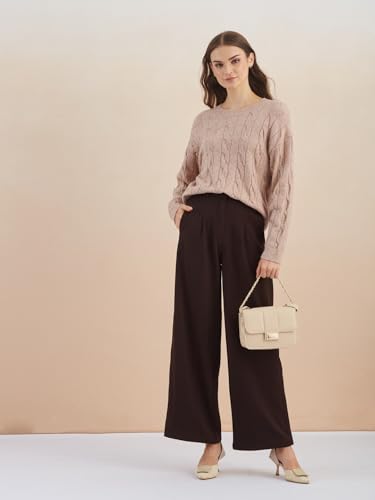 Latin Quarters Women's Beige Round Neck Full Sleeves Self Design Casual Sweater_L