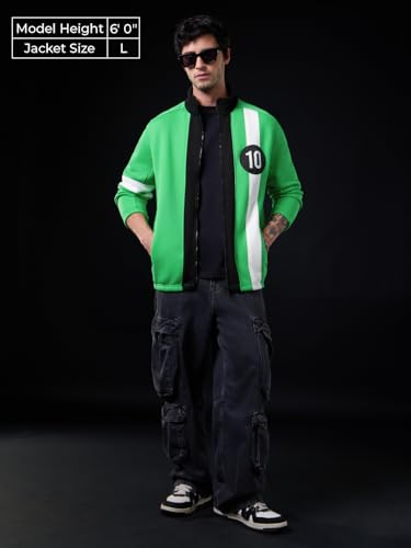 The Souled Store Ben 10: Alien Force Men and Boys Full Sleeves Mock Neck Green and Black Graphic Printed Cotton Blend Regular Fit Lightweight Winter Casual Jacket