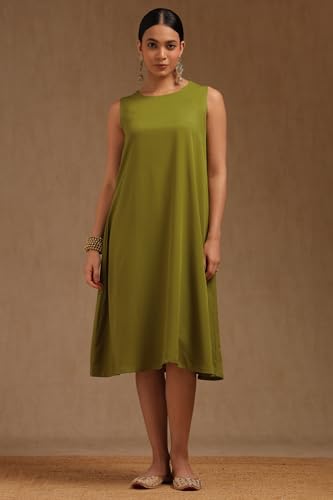 Soch Womens Light Green Chinon Botanical Print Dress with Beads and Stones