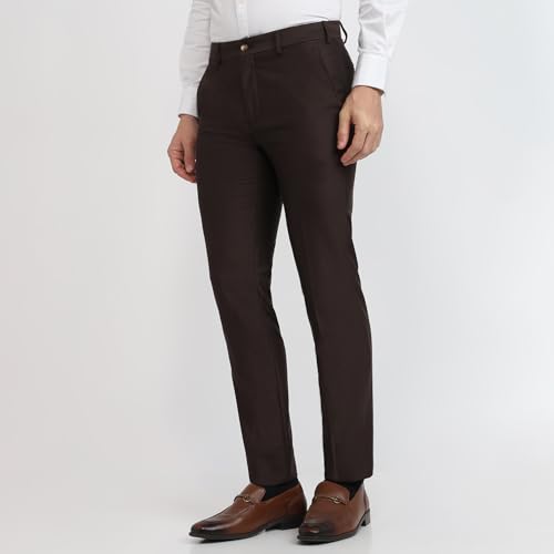 Raymond Men Slim Fit Structure Pattern Poly Viscose Blend Flat Front Formal Trouser Dark Brown