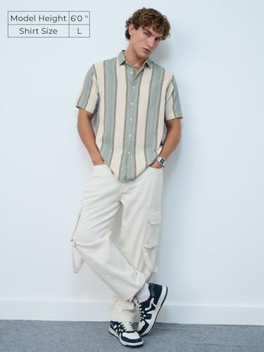 The Souled Store Stripes Shirt: Jade Haze Men and Boys Short Sleeves Collared Neck Cotton Linen Blend Regular Fit Casual Cotton Linen Shirts