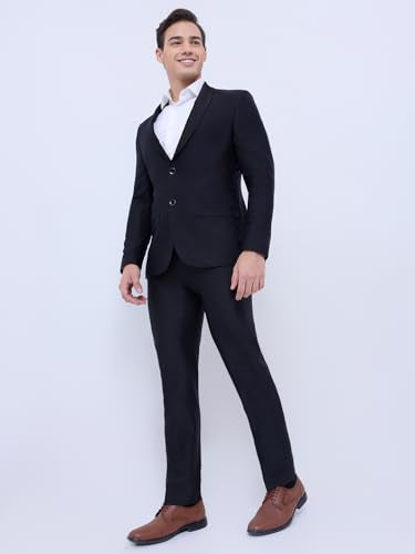 Raymond Men Slim Fit Solid Pattern Poly Rayon Blend Shawl Collar Full Sleeve Formal Suit Black