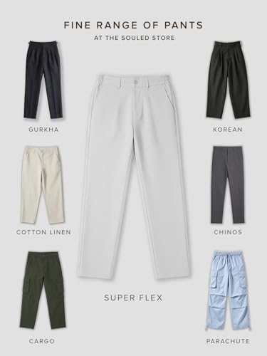 The Souled Store Super Pants: Urban Ash Mens and Boys Light Grey Solid Poly-Viscose Blend Classic Fit 4-Way Stretch Wrinkle-Free Trousers
