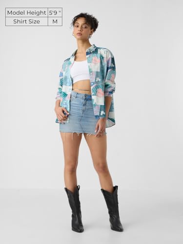 The Souled Store Mickey Mouse: Toodles Women and Girls Long Sleeves Collared Neck Button Front Blue Printed Cotton Boyfriend Shirts