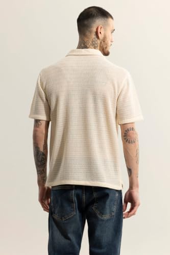 SNITCH Men Shirts | Box Fit Half Sleeve Cuban Collar Textured Design | Premium Polyester Crochet Knit Fabric for Streetwear & Elevated Casual Occasions | Cream