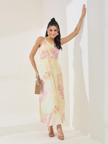Latin Quarters Women's Yellow Printed Strappy V-Neck Casual A-Line Dress_L
