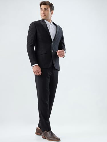 Park Avenue Men Super Slim Fit Jacquard Pattern Terry Rayon Blend Peak Lapel Full Sleeve Ceremonial Suit Black