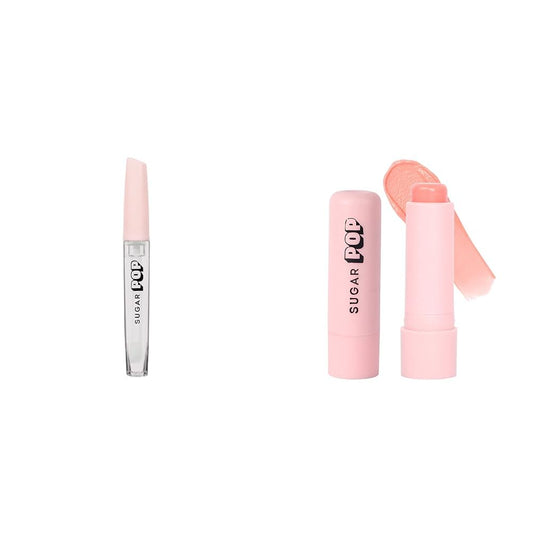 SUGAR POP High Shine Lip Gloss - 01 Marshmallow (Clear) Lip Plumping Gloss For Soft & Dewy Lips & SUGAR POP Nourishing Lip Balm 05 Peach - 4.5 gms – Tinted Lip Moisturizer Combo
