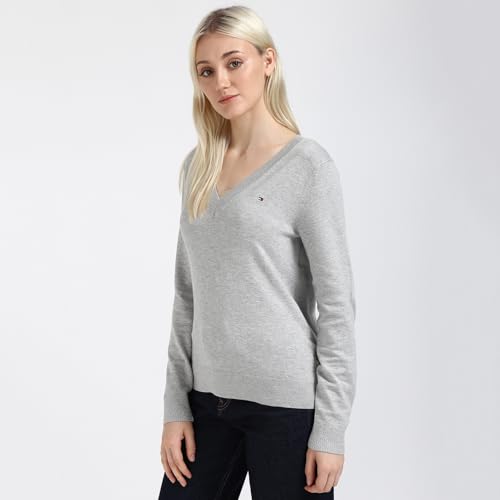 Tommy Hilfiger Women's Viscose V-Neck Sweater (S25HWSW018 Grey